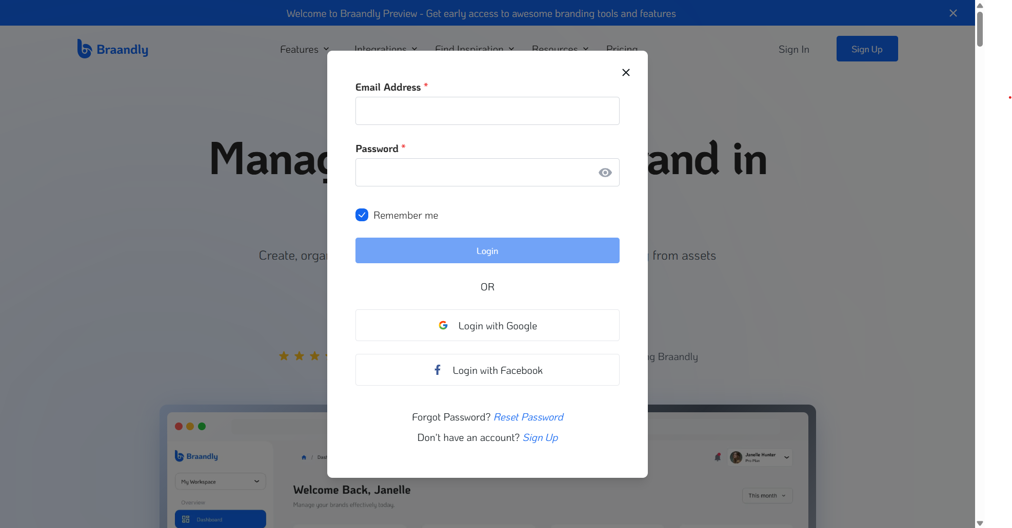 Braandly main website page with the Auth modal popped open over the content