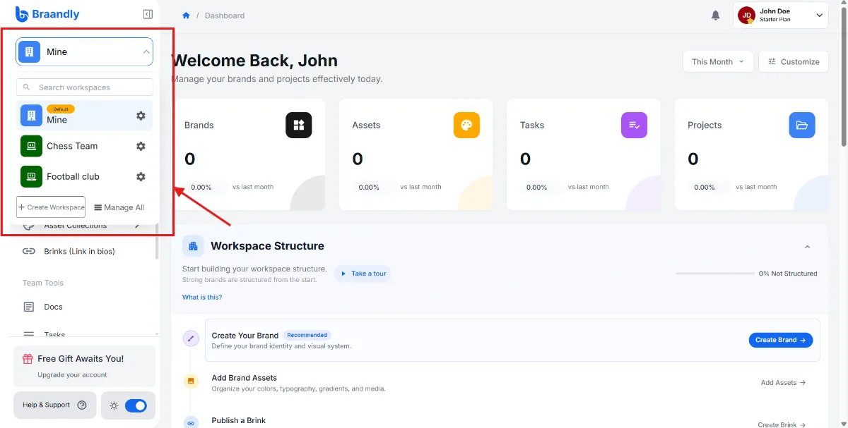 Braandly user's workspace screen showing switching between workspaces